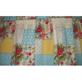 Blue Sweet Rose Patchwork Pioneer Woman Flowers Floral Farmhouse Window Treatment Farm Kitchen Fabric Curtain Topper Valance Matches Tablecloth