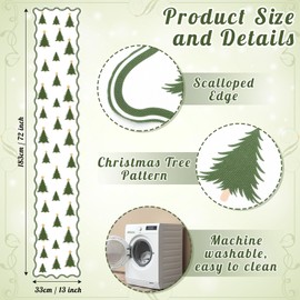 Tudomro Christmas Table Runner 13 x 72 Inch Christmas Tree Scalloped Farmhouse Xmas Table Runner Linen Boho Winter Holidays Deocor for Indoor Outdoor Dining Decorations (Green White)