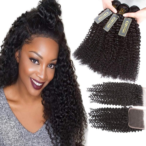 QTHAIR 12A Brazilian Kinky Curly Hair Weave Bundles With Closure(18 20 22+16,Free Part,Natural Black) Afro Kinky Curly Weave Human Hair Bundles with 4x4 Lace Closure Brazilian Hair Weave