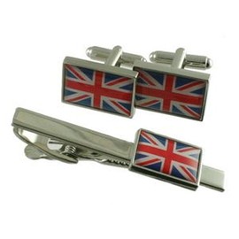 Designer Union Jack Flag Cufflinks & Matching Tie Clip Bar - Hand Made