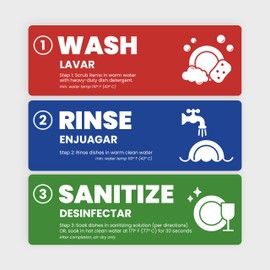 [Enhanced] Wash Rinse Sanitize Sink Labels | 3 Compartment Sink Stickers | Training Labels for Dishwashing | Food Service, Restaurant, Commercial Kitchen (1 Set: 6 x 2 in)