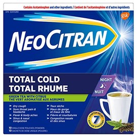 NeoCitran Total Cold Night hot liquid medication, Green Tea with Citrus Flavour, 10 Pack 10 Count
