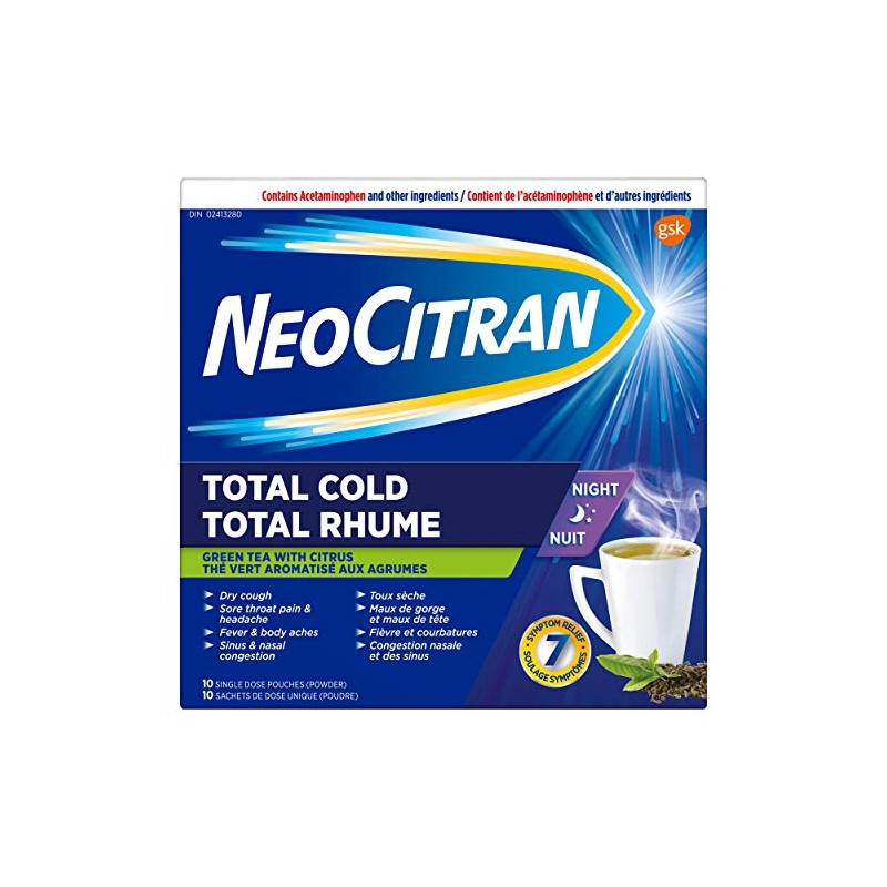 NeoCitran Total Cold Night hot liquid medication, Green Tea with
