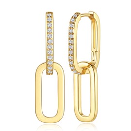 18K Gold Paperclip Chain Earrings Paper Clip Chain Link Drop Dangle Earrings for Women Girl Jewelry Gifts, 18K Gold Plated, Cubic Zirconia