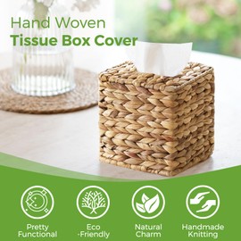 Rattan Tissue Box Cover Square, Wicker Tissue Box Holder Facial Tissues Boxes, Hand Woven Square Tissue Box Cover Tissue Holder for Bathroom Toilet Living Room Kitchen Office Table Desk, Natural