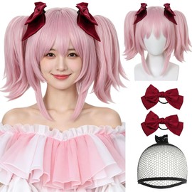 ESUNO Pink Pigtail Wig Pink Ponytail Wigs for Women Pastel Wig with Bangs