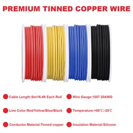 MKBKLLJY 20 Gauge Solid Wire 300 V PVC Electrical Cable 20AWG Insulation Tinned Coated Copper Wire Connection Wire 4 Colours (Red/Yellow/Blue/Black) 5 m / 16.4 ft per Piece Cable Assortment for DIY