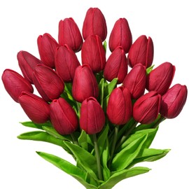 BLISOUL Real Touch Artificial Tulips, 20pcs Fake Tulip Flowers Stem, PU Faux Tulip 13.5” for Mother's Day, Home Decor, Wedding, Easter Valentine's Gift, Table Centerpiece, Floral Arrangement, Burgundy