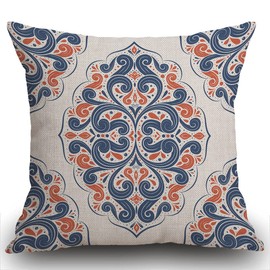 Smooffly Orange Cushion Cover, Blue Orange Ornamental Seamless Pattern Vintage Paisley Square 18 x 18 Inches Decorative Throw Pillow Cover Cotton Linen for Sofa Bedroom Car, Blue 45x45cm