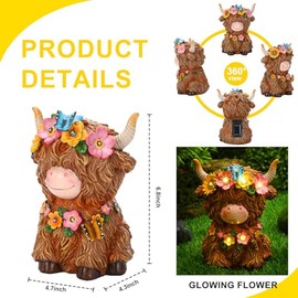 Colingmill Colingmill Highland Cow Gnomes Resin, Garden Highland Cow Statue Solar Outdoor Decor with Flower Decoration for Patio, Yard, Gift for Mom, Cow Lovers(Bright)