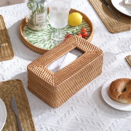 Rattan Tissue Box Cover, Rectanglar Hand Woven Wicker Tissue Holder, Boho Decorative Woven Facial Tissue Holder on Table and Bathroom, 26 * 15.5 * 10.5cm, Natural