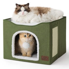 Bedsure Cat Beds for Indoor Cats - Large Cat Cave for Pet Cat House with Fluffy Ball Hanging and Scratch Pad, Foldable Cat Hideaway, 16.5x16.5x13 inches, Dark Green