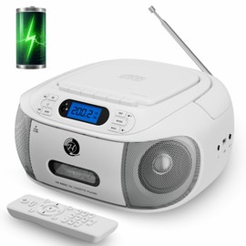 CD Cassette Player Combo, Hernpark Rechargeable Boombox with Bluetooth 5.1, CD Player with Remote Control, Tape Recording, FM Radio, Super Bass, Stereo Sound, Aux/USB Drive, Headphones Jack -White