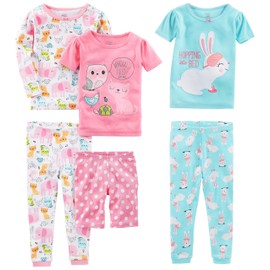 Simple Joys by Carter's Baby Girls' 6-Piece Snug Fit Cotton Pajama Set, Blue Bunny/Pink Dots/White Forest Animals, 6-9 Months