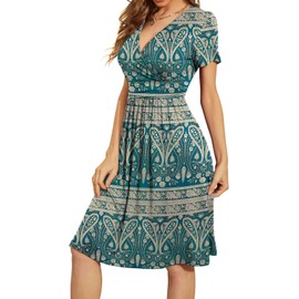 WEACZZY Sundresses for Women Casual Floral Summer Dress Short Sleeve Paisley Print Sun Dress V-Neck Swing Flowy Dresses with Pockets, Blue Khaki,XL