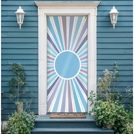 KRHFG Boho Abstract Blue Sun Door Cover Decorations, Mid Century Modern Sunshine Door Curtains Banners Photography Background Backdrop for Doorways Indoor Outdoor Decoration, 35 * 79 Inch