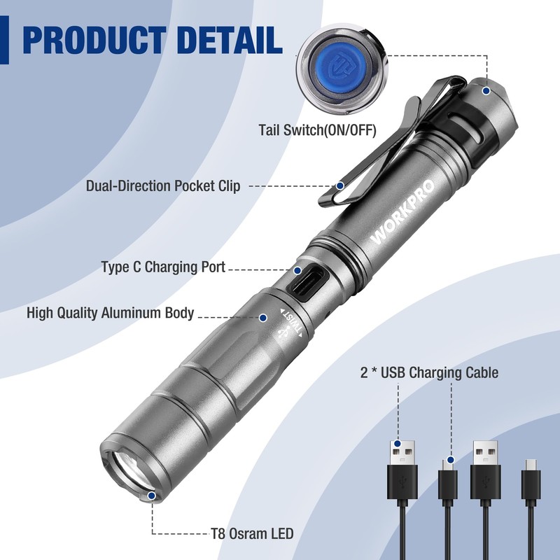 WORKPRO Rechargeable Pen Light, Mini Flashlight, 2 Pack Ultra-Compact EDC