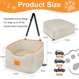 XIEEAOZEE Dog Car Seat for Small Dogs, Memory Foam Booster Dog Seat for Dogs up to 35 lbs, Elevated Pet Car Seat, Travel Safety Pet Seat with Washable Removable Cover, Storage Pockets (Beige)