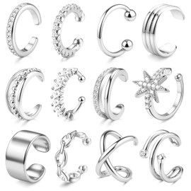 JeweBella Ear Cuff Non Piercing Gold/Silver Clip on Earrings 18K Gold Plated Ear Cuffs for Women Girls Adjustable Chunky Fake Piercing Earrings Set Hypoallergenic Cartilage Helix Wrap Earring Set