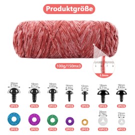 Mngevcy 3 x 150 m Chenille Wool for Crochet, Fluffy Wool, Soft Chenille Yarn with Safety Eyes for Knitting (Peach Powder)