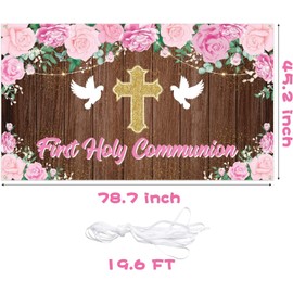 Haooryx Xtra Large First Holy Communion Backdrop Banner Pink Girl God Bless Baptism Party Decorations 1st Communion Confirmation Baby Girl Baptism Dedication Foto-Requisiten Kulisse