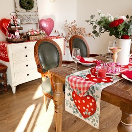 ARKENY Mothers Day Table Runner 13x120 Inches, Heart Leaves Flower Seasonal Farmhouse Burlap Indoor Kitchen Anniversary Wedding Dining Valentines Table Decorations for Home Party AT514-120