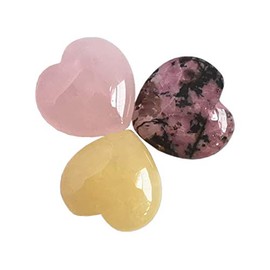 Manekieko Pack of 3 Natural Bag Palm Tree Thumb Healing Crystal Heart Love Worry Stones, 25 mm Reiki Balance Crystal and Healing Stones (Rhodonite + Rose Quartz + Yellow Jade)