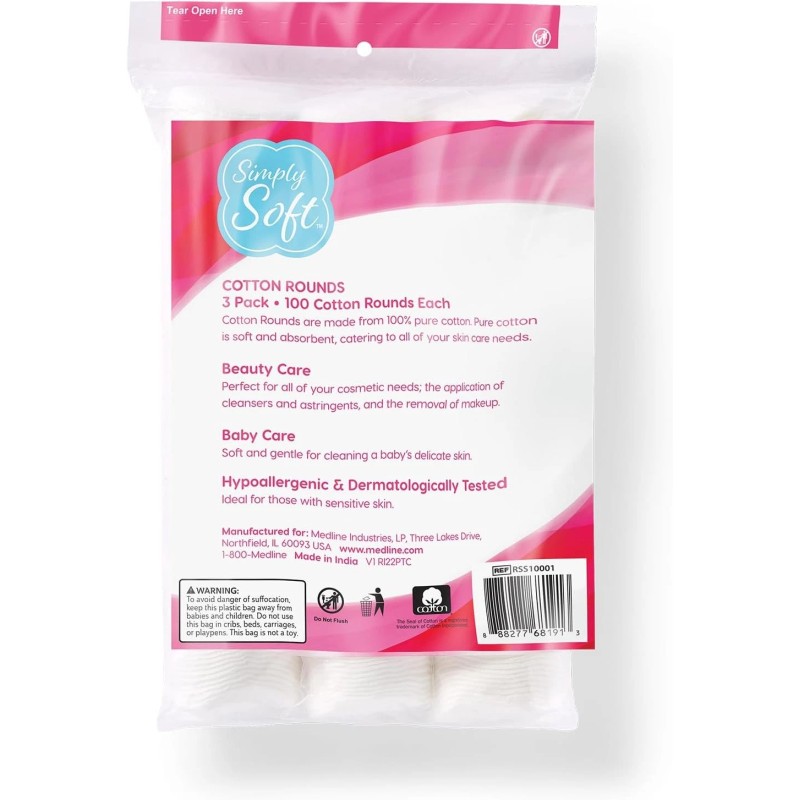 Medline Simply Soft Cotton Rounds (300 Count), 100% Cotton Absorbent
