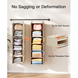 Pipishell 6-Shelf Hanging Closet Organizer, with 3 Detachable Drawers & Side Pockets, Closet Organizers and Storage for Bedroom, Garment Rack and Wardrobe Organization, Dorm Clothes Organizer, Beige
