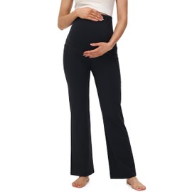 URBEST Women's Maternity Bootcut Yoga Pants - Spring Summer Over The Belly Pregnancy Leggings with Pockets 28" Inseam Black M