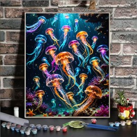 Paint By Numbers Kit For Adults Beginner, Colourful Jellyfish Adult Paint By Number Kits On Canvas Ocean Animal Adults' Paint-By-Number Kits Diy Oil Painting Kits For Gift Home Wall Decor 16x20 Inch