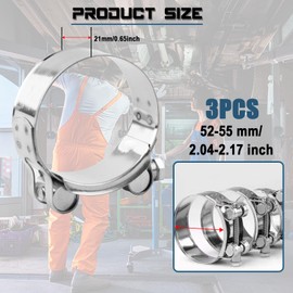 Set of 3 T Bolt Hose Clamps Made of Stainless Steel, 52-55 mm Adjustable Joint Bolt Clamp, Clamping Jaw Clamps, Turbo Intake Hose Clamp, Super Hose Clamp with Single Bolt for Vent Pipe