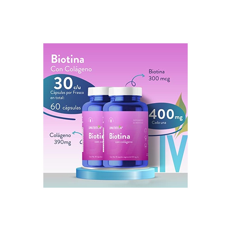 Liv Nutrition Biotina Colágeno 400 Cápsulas Veganas Gluten Azúcar Pack
