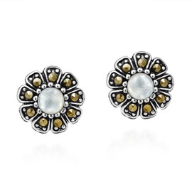AeraVida Nature's Sweet Daisy White MOP and Marcasite Style Pyrite .925 Sterling Silver Post Earrings | Adorable Sterling Silver Stud Earring for women | Flower Stud Earrings | Vintage Stud Earrings