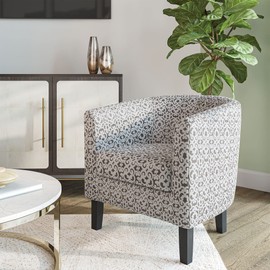 BELLEZE Accent Barrel Chair, Linen Round Chair Club Tub Sofa Corner Chair with Flared Legs and Cozy Soft Padding for Living Room Bedroom Waiting Room - White & Brown