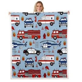Feelyou Cartoon Police Car Fleece Throw Blanket, Red Fire Truck Sherpa Blanket for Kids Boys Toddler, 50x60 Inches
