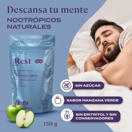 B-FIT B Rest Nootrópicos Naturales - 30 Porciones 150g en Polvo - Sin Azúcar - Sin Calorías - Incluye Scoop - Con Magnesio - Gaba y Triptófano - Sin Eritritol - Sin Conservadores - Sabor Manzana Verde