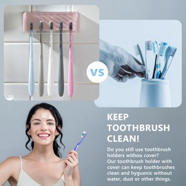 5 Slots Toothbrush Holder Wall Mount with Cover, Self Adhesive Toothbrushes Storage Organizer Perfect for Dorm Bathrooms and Shower, Holds 5 Toothbrushes. (Pink)