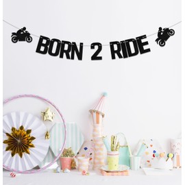 KEWUFD Born 2 - Bandera de viaje, color negro, decoración para fiesta de cumpleaños de segundo año, papel con purpurina para vehículo