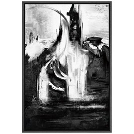 SIGNFORD Framed Canvas Print Wall Art Gray and White Brushstrokes Abstract Shapes Illustrations Minimalism Alternative Edgy Dark for Living Room, Bedroom, Office - 24"x36" Black