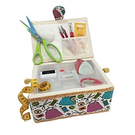 JYC CREATIVE Medium Wooden Sewing Box with Accessories, Fabric Lined Sewing Box with 4 Compartments, Organiser with Needle Holder, Box with Handle, Accessory Tray (Est Threads, Medium)