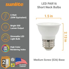 Sunlite 41827 LED PAR16 Short Neck Recessed Flood Light Bulb 6-Watt, (50W Halogen Replacement), 500 Lumens, Medium E26 Base, Dimmable, 90 CRI, ETL Listed, Title 20 Compliant, 6 Count, 5000K Daylight
