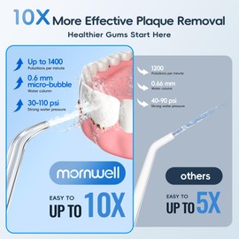 Mornwell Water Dental Flosser for Teeth, 2 Modes and 10 Adjustable Pressure Oral Irrigator for Braces, 8 Multi-Functional Tips for Family, Multiple Users, Home Use, White