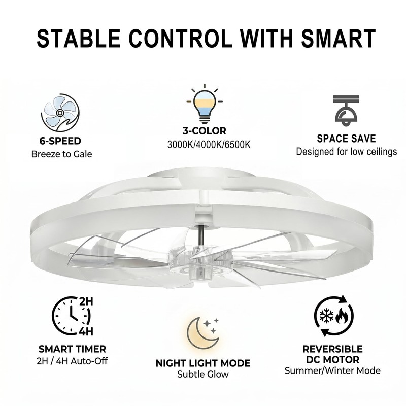 24" Ceiling Fan with Light, Flush Mount, Remote Control, White