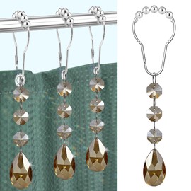 Yapicoco Shower Curtain Hooks Rings for Bathroom, 12PCS Gemstone Crystal Bead Water Drop Stainless Steel Rust Resistant Clear Shower Curtain Rings (Brown)