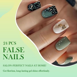 24pcs Short Square Emerald Leopard French Tip Press-On Nails, Glossy Green Animal Print with Gold Foil, Waterproof Full-Cover ABS False Nails Kit, 12 Sizes for Women & Girls