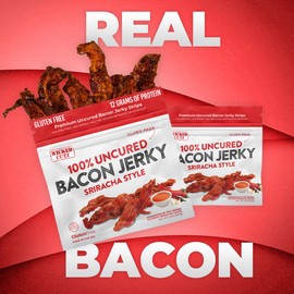 Sriracha Bacon Jerky | Tender, Flavorful, Easy to Chew, Premium Craft Siracha Bacon Jerky with 12g of Protein Per Bag, Gluten Free, High Protein, Low Carb, Healthy Snacks for Adults (2 Bags)