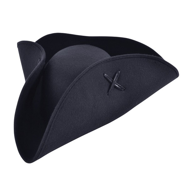Black Wool Felt Pirate Tricorn Hat (1 Pc.) - Comfortable & Authentic Design, Perfect for Costume Parties, Halloween, & Pirate Lovers
