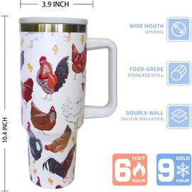 Chicken Tumbler with Handle and Straw,Rooster Water Bottle Stainless Steel Travel Mugs Cup Birthday Present 40 Oz