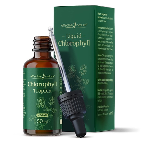Liquid chlorophyll from alfalfa, without preservatives, particularly natural, liquid chlorophyll, made in Germany